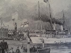 Bild des Verkufers fr Die Festlichkeiten zur Erffnung des Kaiser-Wilhelm-Kanals: Die Ausfahrt der kasierlichen Jacht Hohenzollern aus dem Kanal bei Holtenau am 20. Juni. Holzstich nach W. Stwer, um 1895. 22,5 x 33,5 cm. zum Verkauf von Antiquariat Daniel Schramm e.K.