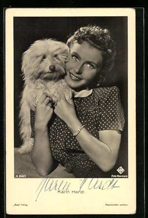 Ansichtskarte Schauspielerin Karin Hardt mit Hund, Autograph