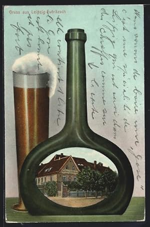 Grusskarten-Ansichtskarte Leipzig-Eutritzsch, Ortspartie mit Gosen-Schänke in einer Gose-Flasche