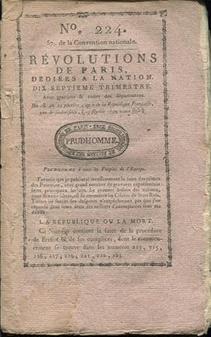 Imagen del vendedor de Rvolutions de Paris, ddies  la Nation et au district des Petits-Augustins. Avec gravures analogues aux diffrents vnements et les cartes des dpartements de la France. N 224 a la venta por PRISCA