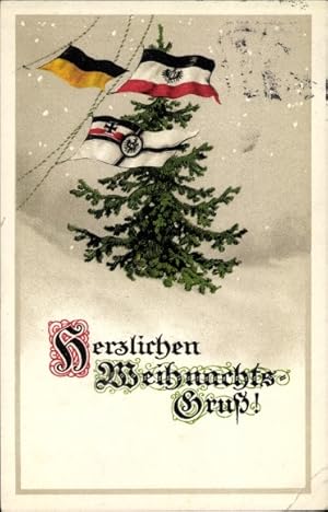 Ansichtskarte / Postkarte Glückwunsch Weihnachten, Tannenbaum, Schneefall, Fahnen