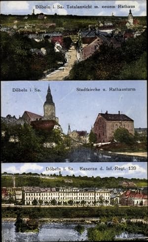 Ansichtskarte / Postkarte Döbeln in Mittelsachsen, Totalansicht mit neuem Rathaus, Stadtkirche, K...