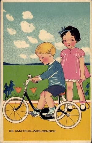 Ansichtskarte / Postkarte Junge auf einem Dreirad, Mädchen mit Springseil