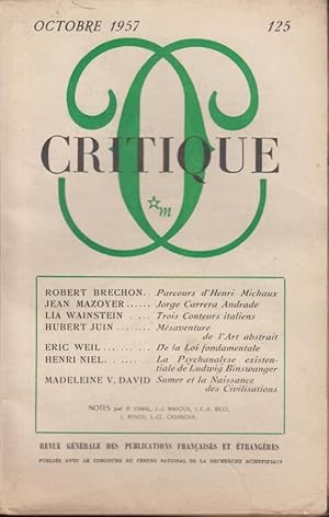 Bild des Verkufers fr Critique n 125 octobre 1957 zum Verkauf von PRISCA