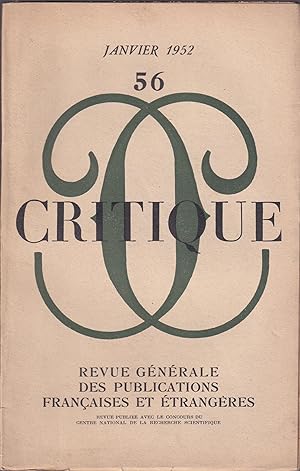 Bild des Verkufers fr Critique. - Revue Gnrales des Publications Franaises et trangres. - N 56 - Janvier 1952. zum Verkauf von PRISCA
