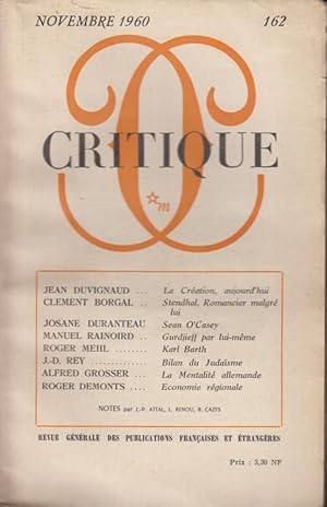 Bild des Verkufers fr Critique n 162 novembre 1960 zum Verkauf von PRISCA