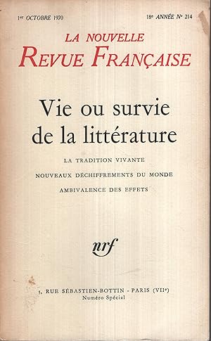 Imagen del vendedor de La Nouvelle Revue Franaise Octobre 1970 N NS10 a la venta por PRISCA