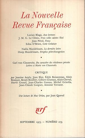 Bild des Verkufers fr La Nouvelle Revue Franaise Septembre 1975 N 273 zum Verkauf von PRISCA