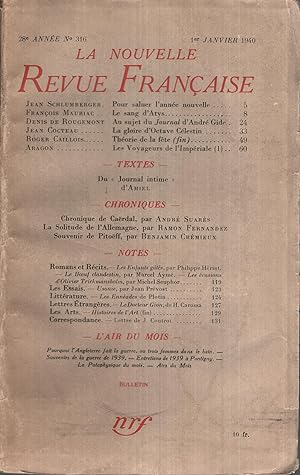 Bild des Verkufers fr La Nouvelle Revue Franaise Janvier 1940 N 316 zum Verkauf von PRISCA