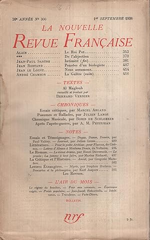 Bild des Verkufers fr La Nouvelle Revue Franaise Septembre 1938 N 300 zum Verkauf von PRISCA