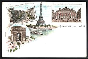 Lithographie Paris, La Tour Eiffel, Eiffelturm, L`Opera, Académie Nationale de Musique