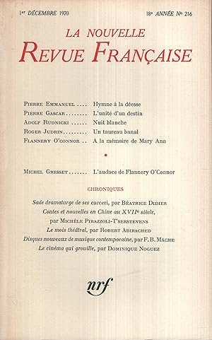 Imagen del vendedor de La Nouvelle Revue Française Décembre 1970 N° 216 a la venta por PRISCA