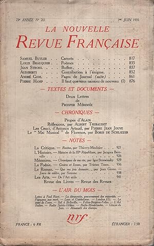 Seller image for La Nouvelle Revue Franaise Juin 1935 N 261 for sale by PRISCA