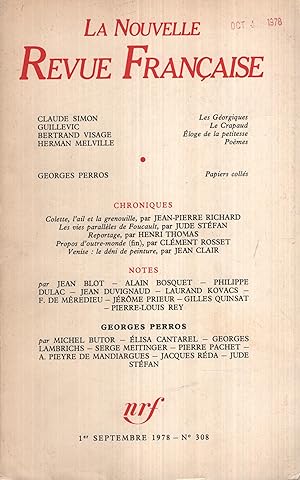 Imagen del vendedor de La Nouvelle Revue Française Septembre 1978 N° 308 a la venta por PRISCA