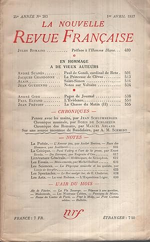 Seller image for La Nouvelle Revue Franaise Avril 1937 N 283 for sale by PRISCA