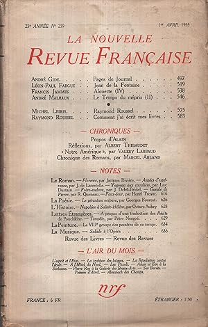 Seller image for La Nouvelle Revue Franaise Avril 1935 N 259 for sale by PRISCA