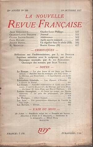 Seller image for La Nouvelle Revue Franaise Octobre 1937 N 289 for sale by PRISCA