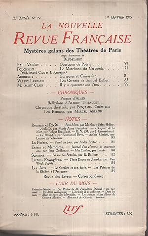 Imagen del vendedor de La Nouvelle Revue Franaise Janvier 1935 N 256 a la venta por PRISCA