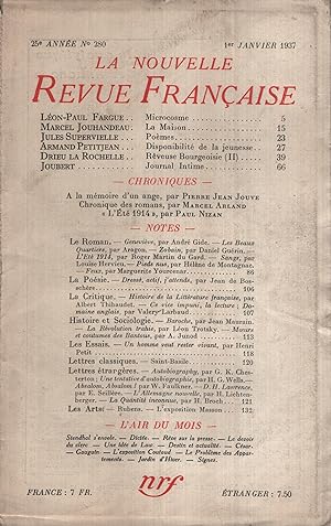 Bild des Verkufers fr La Nouvelle Revue Franaise Janvier 1937 N 280 zum Verkauf von PRISCA