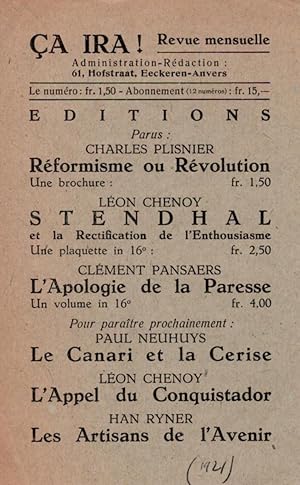 Seller image for Annonce de parution de L'Apologie de la Paresse de Clment Pansaers, de Stendhal de Lon Chenoy et de Rformisme ou rvolution par Charles Plisnier. for sale by Librairie Jean-Yves Lacroix