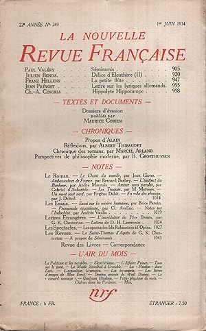 Seller image for La Nouvelle Revue Franaise Juin 1934 N 249 for sale by PRISCA