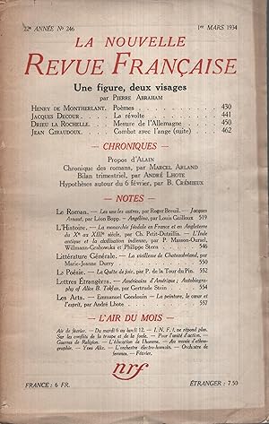 Seller image for La Nouvelle Revue Franaise Mars 1934 N 246 for sale by PRISCA