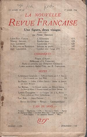 Imagen del vendedor de La Nouvelle Revue Française Avril 1934 N° 247 a la venta por PRISCA