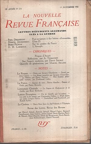 Imagen del vendedor de La Nouvelle Revue Française Novembre 1931 N° 218 a la venta por PRISCA