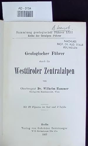 Bild des Verkufers fr Geologischer Fhrer durch die Westtiroler Zentralalpen. AD-0154 zum Verkauf von Antiquariat Bookfarm