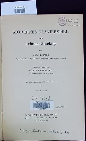 Bild des Verkufers fr Modernes Klavierspiel nach Leimer-Gieseking. AD-0518 zum Verkauf von Antiquariat Bookfarm