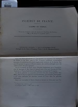 Bild des Verkufers fr Sur le surcreusement fluvial. Exemple du Rio Negro d'Uruguay. Comptes rendus des seances de I'Academie des Sciences, t. 180, p. 180 (seance du 19 janvier 1925.) zum Verkauf von Antiquariat Bookfarm