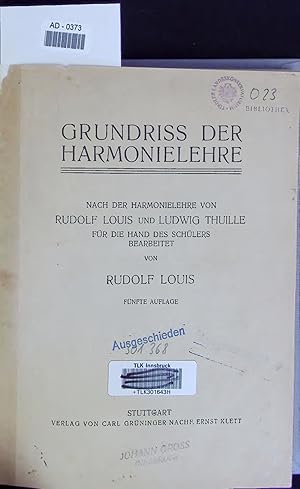 Image du vendeur pour Grundriss der Harmonielehre. AD-0373. FNFTE AUFLAGE mis en vente par Antiquariat Bookfarm