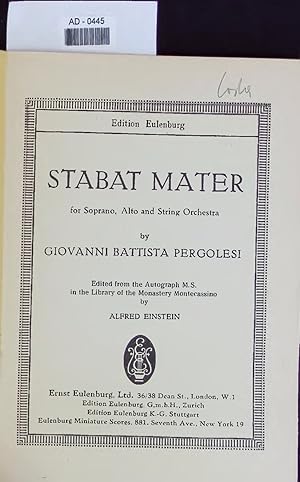 Bild des Verkufers fr STABAT MATER for Soprano, Alto and String Orchestra. AD-0445 zum Verkauf von Antiquariat Bookfarm