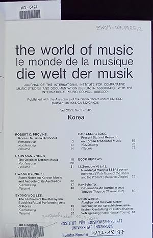 Imagen del vendedor de The world of music. AD-0424. Vol. XXVII. No. 2-1985 a la venta por Antiquariat Bookfarm