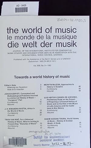 Immagine del venditore per The World of music. Towards a world history of music. AD-0425. Vol. XXII. No. 3-1980 venduto da Antiquariat Bookfarm