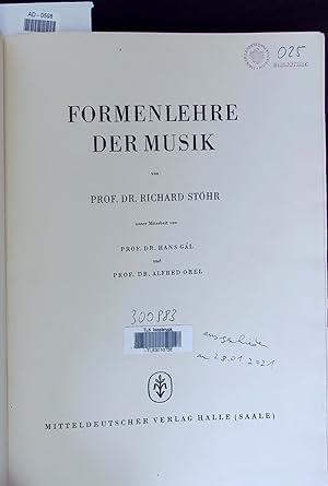 Bild des Verkufers fr FORMENLEHRE DER MUSIK. AD-0598 zum Verkauf von Antiquariat Bookfarm