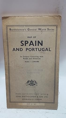Immagine del venditore per Map of Spain and Portugal In Contour Colouring with Roads and Distances Scale 1 : 1,600,000. Bartholomew's General World Series [1939; Linen]. venduto da Cambridge Rare Books