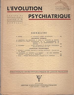 Bild des Verkufers fr L'volution Psychiatrique. Cahiers de Psychologie clinique et de Psychopathologie gnrale. - Tome XXVI - Fascicule III - Juillet/Septembre 1961. zum Verkauf von PRISCA