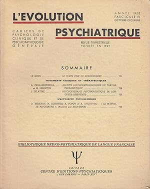 Imagen del vendedor de L'volution Psychiatrique - Cahiers de Psychologie clinique et de Psychopathologie gnrale - Fascicule IV - Anne 1958 - Octobre/Dcembre. a la venta por PRISCA