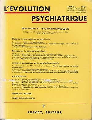 Imagen del vendedor de L'volution Psychiatrique - Tome 45 - Fascicule 4 - Anne 1980 - Octobre/Dcembre - Psychiatrie et Psychopharmacologie. Collaque de l'volution Psychiatrique organis par H. Lo, Paris, 21-22 mars 1980. a la venta por PRISCA