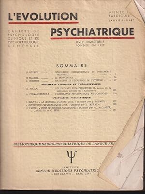 Image du vendeur pour L'volution Psychiatrique. - Cahiers de Psychologie clinique et de Psychopathologie gnrale. - Fascicule I mis en vente par PRISCA