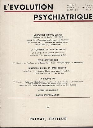 Bild des Verkufers fr L'volution Psychiatrique. - Tome XL - Fascicule I - Janvier/Mars 1975 zum Verkauf von PRISCA