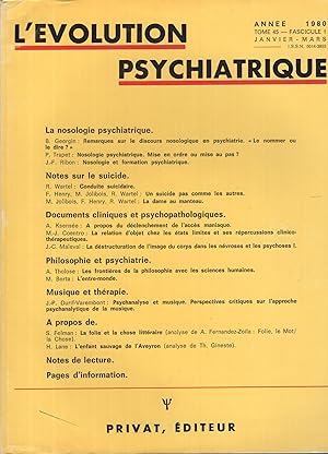 Bild des Verkufers fr L'volution Psychiatrique. - Tome 45 - Fascicule 1 - Janvier/Mars 1980. zum Verkauf von PRISCA