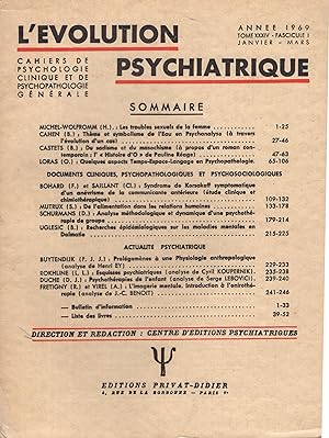 Image du vendeur pour L'volution Psychiatrique. - Tome XXXIV - Fascicule I - Janvier/Mars 1969 mis en vente par PRISCA