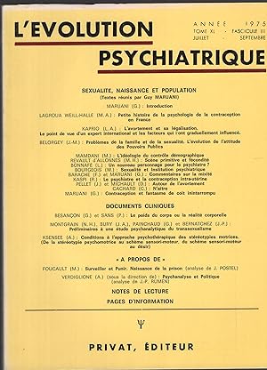 Bild des Verkufers fr L'volution Psychiatrique. - Tome XL - Fascicule III - Juillet/Septembre 1975. - Sexualit, Naissance et Population. zum Verkauf von PRISCA