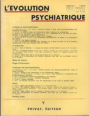 Image du vendeur pour L'volution Psychiatrique. - Tome 45 - Fascicule 2 - Avril/Juin 1980 mis en vente par PRISCA