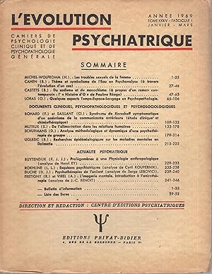 Bild des Verkufers fr L'volution Psychiatrique - Cahiers de Psychologie clinique et de Psychopathologie gnrale. - Tome XXXIV - Fascicule I zum Verkauf von PRISCA