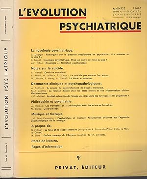 Bild des Verkufers fr L'volution Psychiatrique. - Tome 45 - Fascicule 1 - Janvier/Mars 1980. zum Verkauf von PRISCA