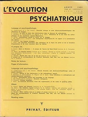Bild des Verkufers fr L'volution Psychiatrique - Tome 45 - Fascicule 2 - Anne 1980 - Avril/Juin. - Langage et psychopathologie. zum Verkauf von PRISCA