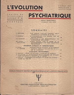 Image du vendeur pour L'volution Psychiatrique. - Cahiers de Psychologie clinique et de Psychopathologie gnrale. - Fascicule I - Janvier/Mars 1957. mis en vente par PRISCA